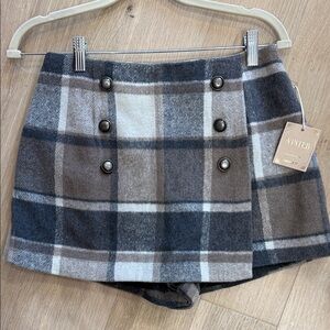 Forever 21 Brown, Gray & Cream Plaid Double-Breasted Skort
